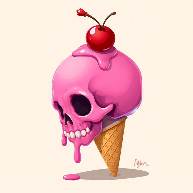 A vibrant 2D illustration of a melting pink skull, with its lower portion merging into an ice cream cone