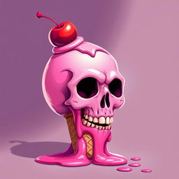 A vibrant 2D illustration of a melting pink skull, with its lower portion merging into an ice cream cone