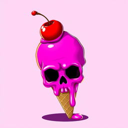 A vibrant 2D illustration of a melting pink skull, with its lower portion merging into an ice cream cone