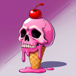 A vibrant 2D illustration of a melting pink skull, with its lower portion merging into an ice cream cone