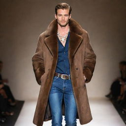 Handsome male model in slim-fit jeans and a mink coat adorned with exquisite jewelry, strutting on the runway.