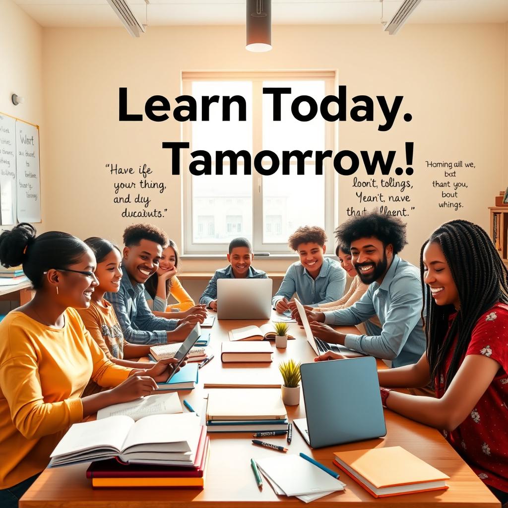 A motivational poster featuring a group of diverse students sitting at a table, surrounded by books, laptops, and stationery, in a warm, sunny classroom with inspiring educational quotes on the walls