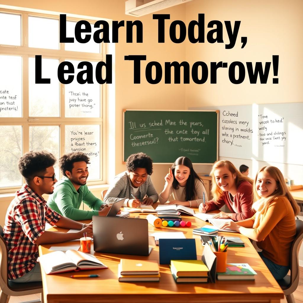 A motivational poster featuring a group of diverse students sitting at a table, surrounded by books, laptops, and stationery, in a warm, sunny classroom with inspiring educational quotes on the walls