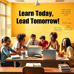 A motivational poster featuring a group of diverse students sitting at a table, surrounded by books, laptops, and stationery, in a warm, sunny classroom with inspiring educational quotes on the walls