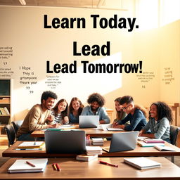 A motivational poster featuring a group of diverse students sitting at a table, surrounded by books, laptops, and stationery, in a warm, sunny classroom with inspiring educational quotes on the walls