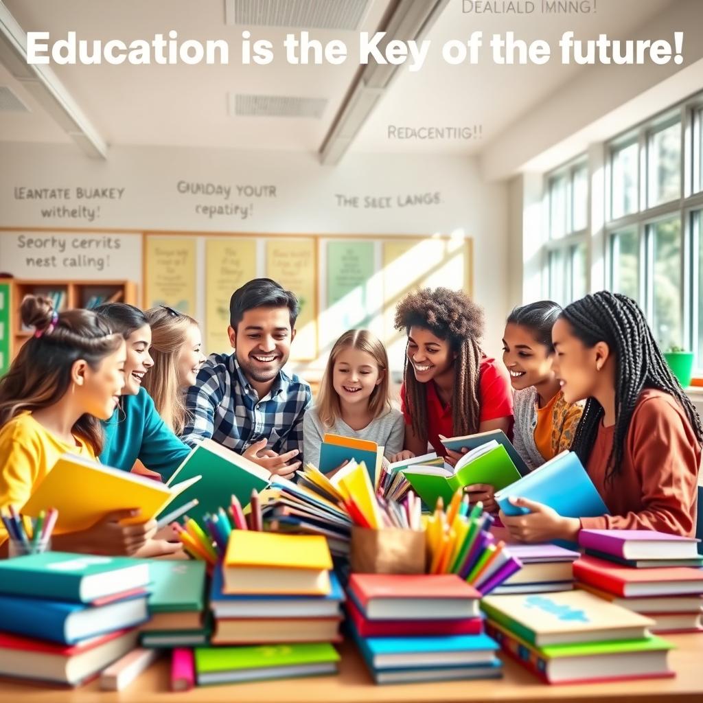 A vibrant and uplifting poster depicting a diverse group of enthusiastic students surrounded by colorful books and educational tools in a bright classroom