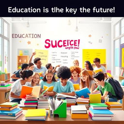 A vibrant and uplifting poster depicting a diverse group of enthusiastic students surrounded by colorful books and educational tools in a bright classroom