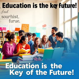 A vibrant and uplifting poster depicting a diverse group of enthusiastic students surrounded by colorful books and educational tools in a bright classroom