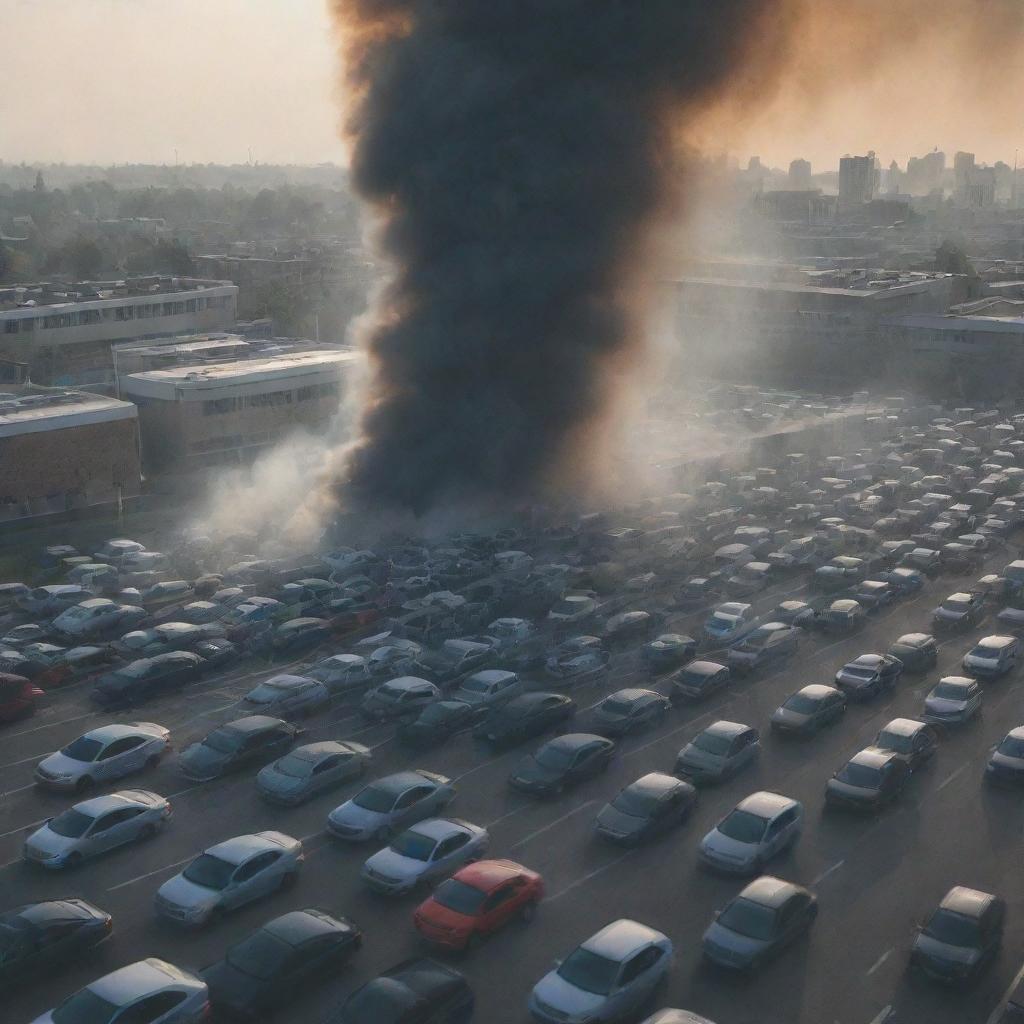 A school surrounded by cars emitting carbon dioxide, visibly manifesting as dark fumes, symbolizing pollution