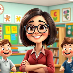 adorable Disney Pixar-style female teacher character, 40 years old, with a bob haircut and dark brown hair, friendly smile, wearing glasses, warmly dressed in a professional outfit, standing in a cheerful and colorful classroom filled with educational posters and books, engaging with attentive young students