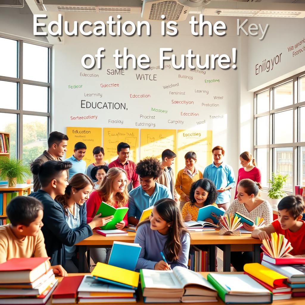 A vibrant and uplifting poster depicting a diverse group of enthusiastic students surrounded by colorful books and educational tools in a bright classroom