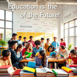 A vibrant and uplifting poster depicting a diverse group of enthusiastic students surrounded by colorful books and educational tools in a bright classroom