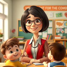 adorable Disney Pixar-style female teacher character, 40 years old, with a bob haircut and dark brown hair, friendly smile, wearing glasses, warmly dressed in a professional outfit, standing in a cheerful and colorful classroom filled with educational posters and books, engaging with attentive young students