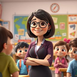 adorable Disney Pixar-style female teacher character, 40 years old, with a bob haircut and dark brown hair, friendly smile, wearing glasses, warmly dressed in a professional outfit, standing in a cheerful and colorful classroom filled with educational posters and books, engaging with attentive young students