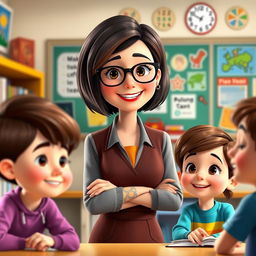 adorable Disney Pixar-style female teacher character, 40 years old, with a bob haircut and dark brown hair, friendly smile, wearing glasses, warmly dressed in a professional outfit, standing in a cheerful and colorful classroom filled with educational posters and books, engaging with attentive young students