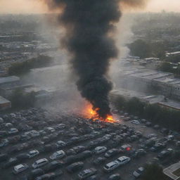 A school surrounded by cars emitting carbon dioxide, visibly manifesting as dark fumes, symbolizing pollution