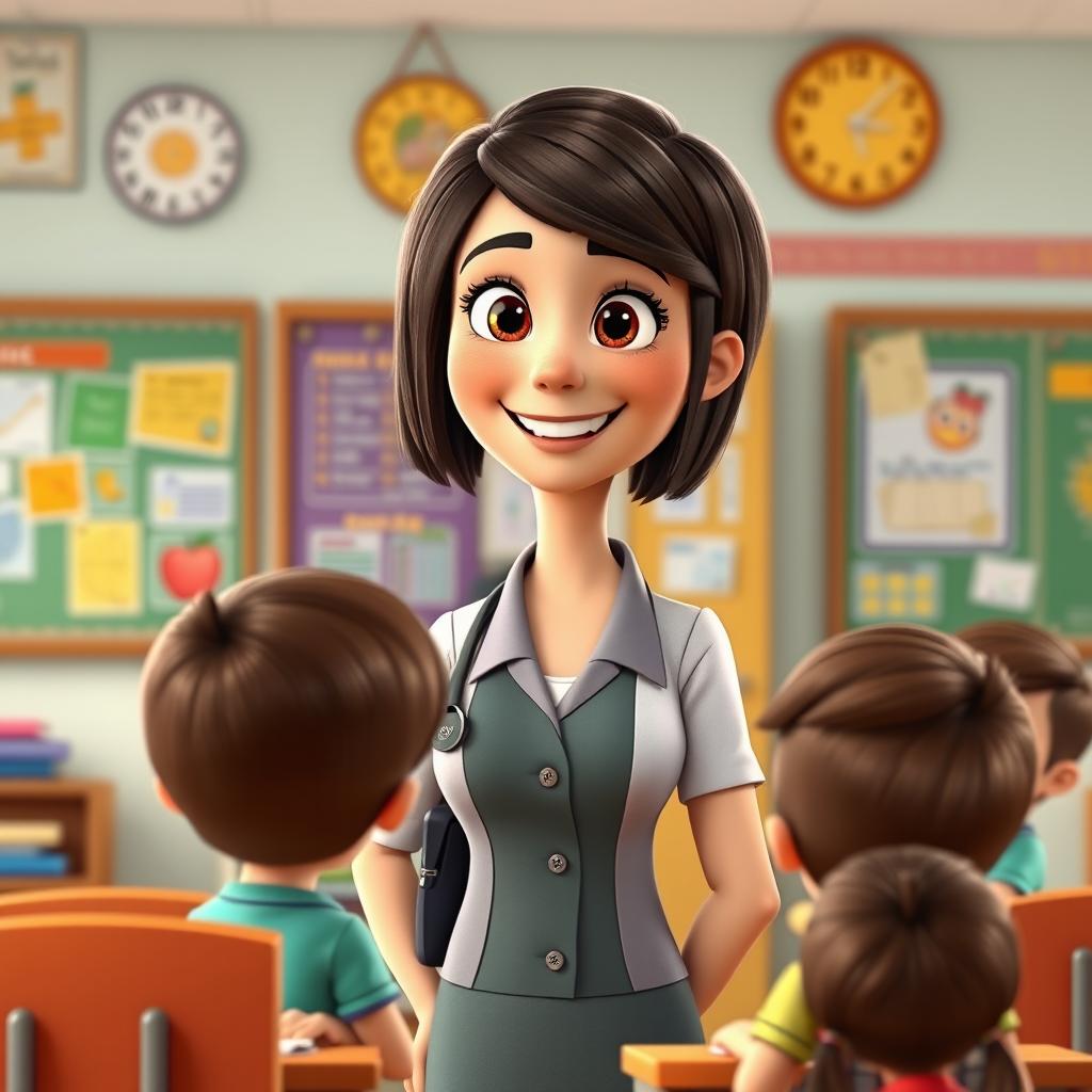 adorable Disney Pixar-style female teacher character, 40 years old, with a bob haircut and dark brown hair, friendly smile, warmly dressed in a professional outfit, standing in a cheerful and colorful classroom filled with educational posters and books, engaging with attentive young students