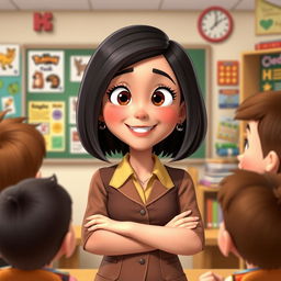 adorable Disney Pixar-style female teacher character, 40 years old, with a bob haircut and dark brown hair, friendly smile, warmly dressed in a professional outfit, standing in a cheerful and colorful classroom filled with educational posters and books, engaging with attentive young students