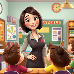 adorable Disney Pixar-style female teacher character, 40 years old, with a bob haircut and dark brown hair, friendly smile, warmly dressed in a professional outfit, standing in a cheerful and colorful classroom filled with educational posters and books, engaging with attentive young students