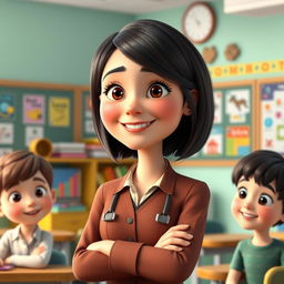 adorable Disney Pixar-style female teacher character, 40 years old, with a bob haircut and dark brown hair, friendly smile, warmly dressed in a professional outfit, standing in a cheerful and colorful classroom filled with educational posters and books, engaging with attentive young students