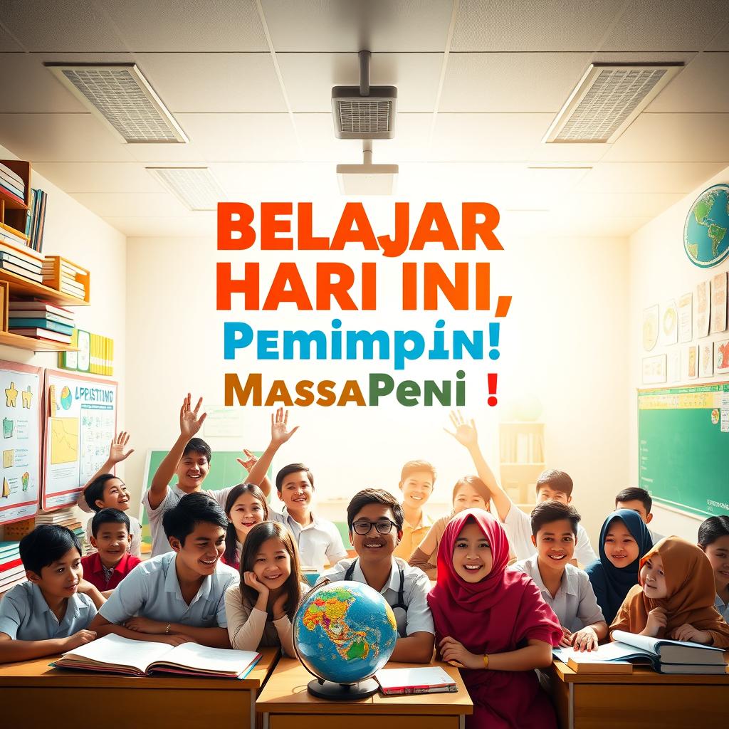 A lively and colorful poster showcasing a group of enthusiastic Indonesian students in a bright classroom filled with educational materials like books, globes, and charts