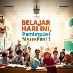 A lively and colorful poster showcasing a group of enthusiastic Indonesian students in a bright classroom filled with educational materials like books, globes, and charts