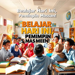 A lively and colorful poster showcasing a group of enthusiastic Indonesian students in a bright classroom filled with educational materials like books, globes, and charts