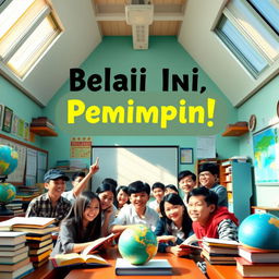 A lively and colorful poster showcasing a group of enthusiastic Indonesian students in a bright classroom filled with educational materials like books, globes, and charts