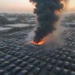 A school surrounded by cars emitting carbon dioxide, visibly manifesting as dark fumes, symbolizing pollution