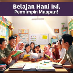 A lively and colorful poster showcasing a group of enthusiastic Indonesian students in a bright classroom filled with educational materials like books, globes, and charts