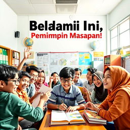 A lively and colorful poster featuring enthusiastic Indonesian students in a bright classroom, surrounded by educational materials like books, globes, and charts