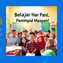 A lively and colorful poster featuring enthusiastic Indonesian students in a bright classroom, surrounded by educational materials like books, globes, and charts