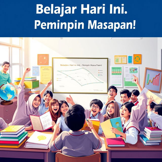 A lively and colorful poster featuring enthusiastic Indonesian students in a bright classroom, surrounded by educational materials like books, globes, and charts