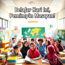 A lively and colorful poster featuring enthusiastic Indonesian students in a bright classroom, surrounded by educational materials like books, globes, and charts