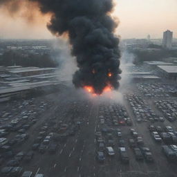 A school surrounded by cars emitting carbon dioxide, visibly manifesting as dark fumes, symbolizing pollution