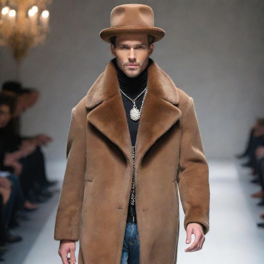 Handsome male model in slim-fit jeans, a vision mink coat, adorned with exquisite jewelry and stylish hats, confidently parading on the runway.