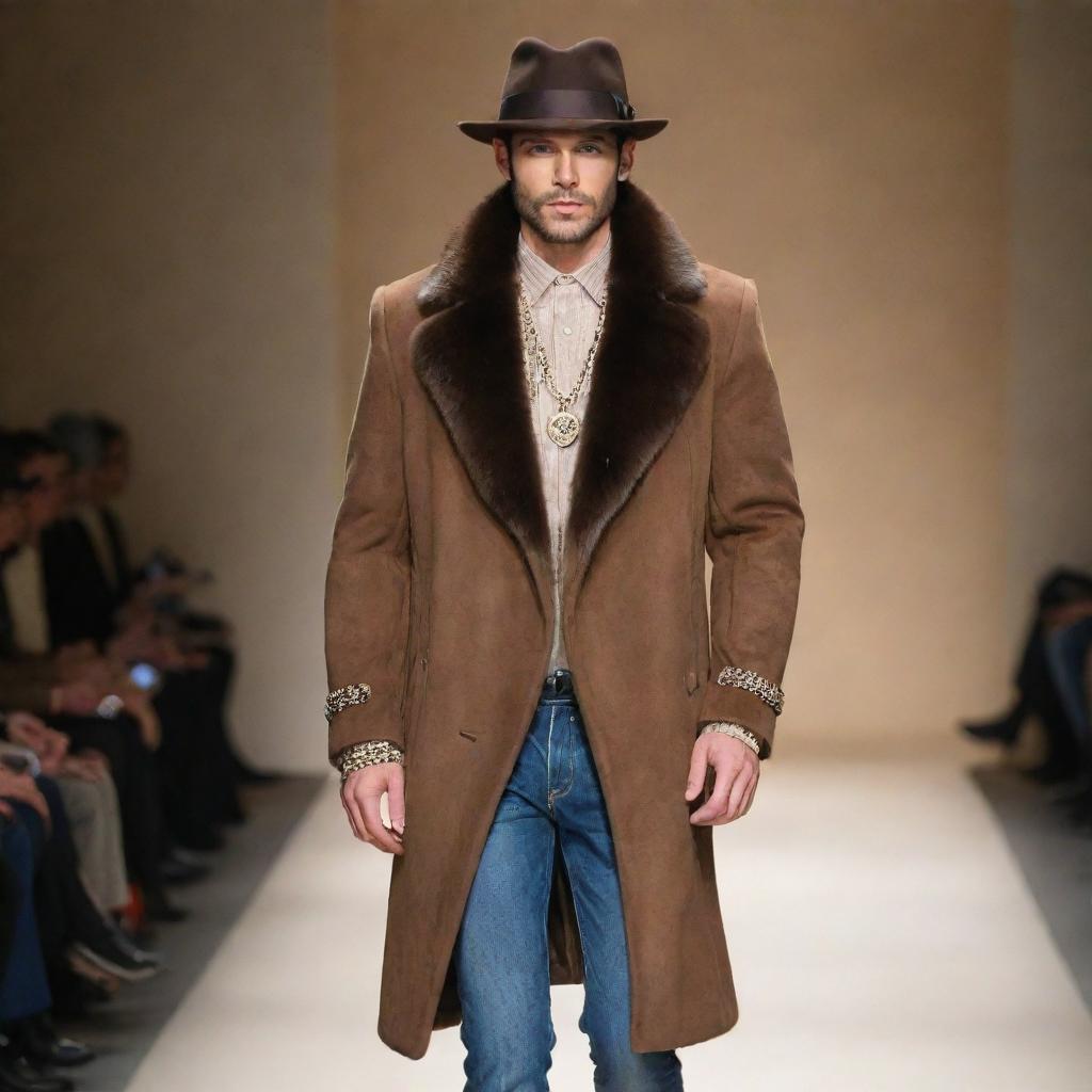 Handsome male model in slim-fit jeans, a vision mink coat, adorned with exquisite jewelry and stylish hats, confidently parading on the runway.