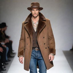 Handsome male model in slim-fit jeans, a vision mink coat, adorned with exquisite jewelry and stylish hats, confidently parading on the runway.