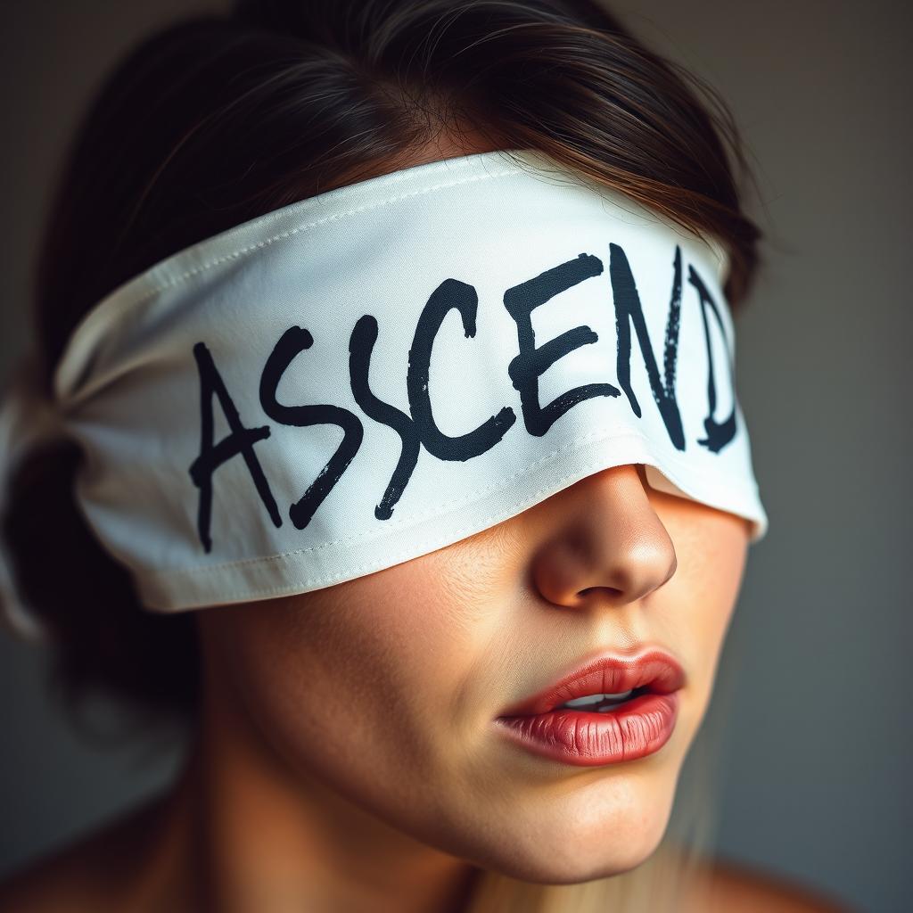 close-up photo shoot of atrsy adult woman wearing a white blindfold with black graffiti text that reads "ASCEND"