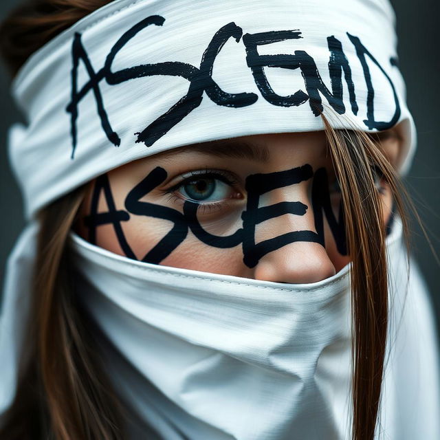 close-up photo shoot of atrsy adult woman wearing a white blindfold with black graffiti text that reads "ASCEND"