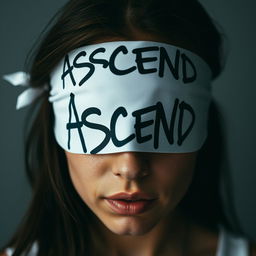 close-up photo shoot of atrsy adult woman wearing a white blindfold with black graffiti text that reads "ASCEND"