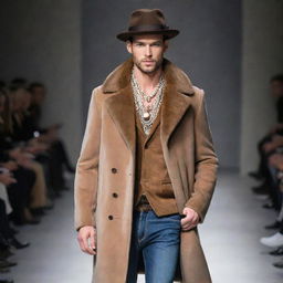 Handsome male model in slim-fit jeans, a vision mink coat, adorned with exquisite jewelry and stylish hats, confidently parading on the runway.