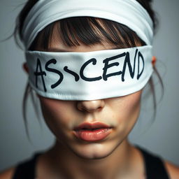 Close-up photo shoot of a young adult woman wearing a white blindfold with black graffiti letters spelling "ASCEND"