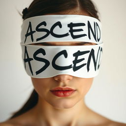 Close-up photo shoot of a young adult woman wearing a white blindfold with black graffiti letters spelling "ASCEND"