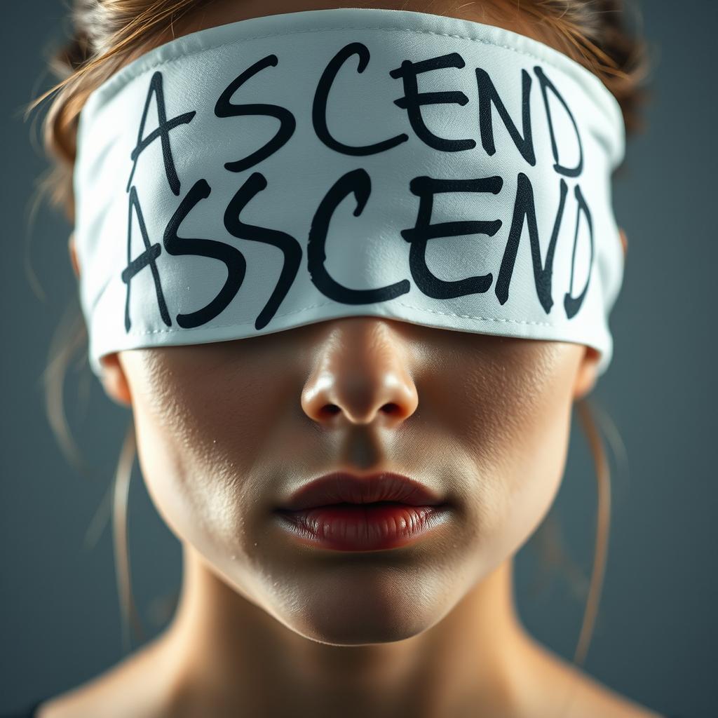 Close-up photo shoot of a young adult woman wearing a white blindfold with black graffiti letters spelling "ASCEND"