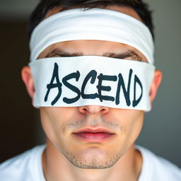 Close-up photo of a man wearing a white blindfold with the word "ASCEND" in bold black graffiti lettering across it