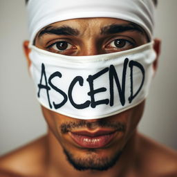 Close-up photo of a man wearing a white blindfold with the word "ASCEND" in bold black graffiti lettering across it