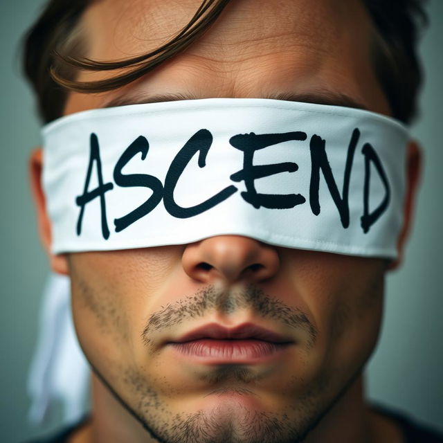 Close-up photo of a man wearing a white blindfold with the word "ASCEND" in bold black graffiti lettering across it