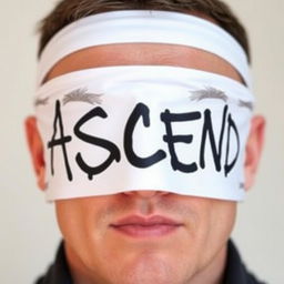 Close-up photo of a man wearing a white blindfold with the word "ASCEND" in bold black graffiti lettering across it