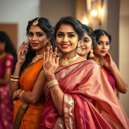 Artistic depiction of Indian women celebrated for their beauty and confidence, adorned in traditional Indian attire that accentuates their elegance